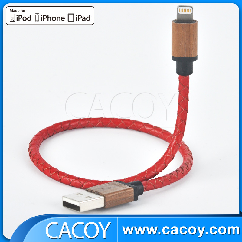 Apple Lightning to USB red Leather Braided Cable with Wooden Connector